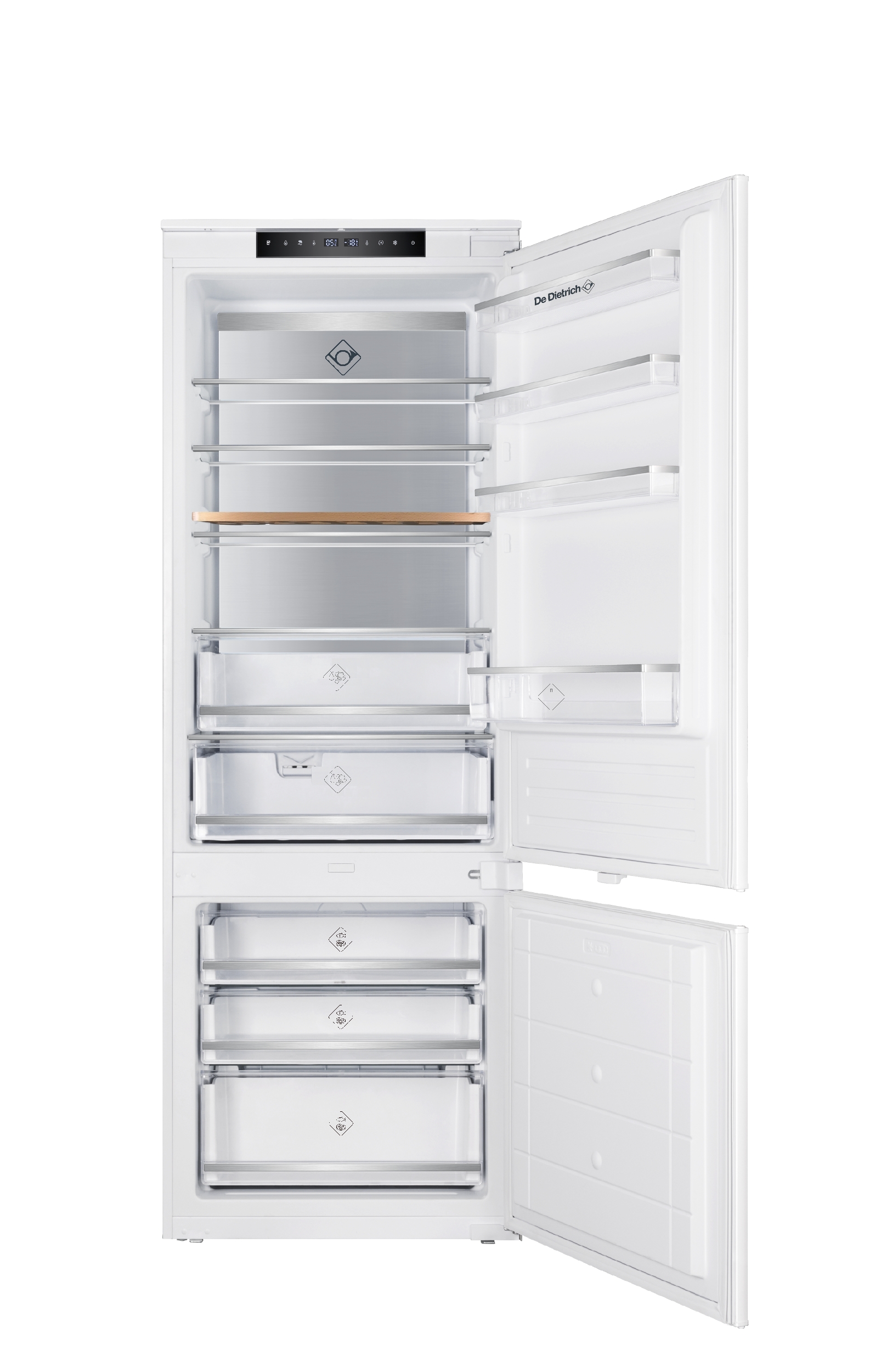 Vnitřní prostor s bezpečnostními policemi lednice De Dietrich DRC9375DN